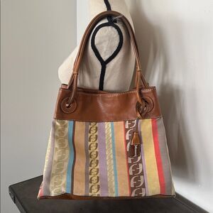 Fossil VINTAGE Textile and Leather Trim Striped Multicolor Shoulder HandBag GUC